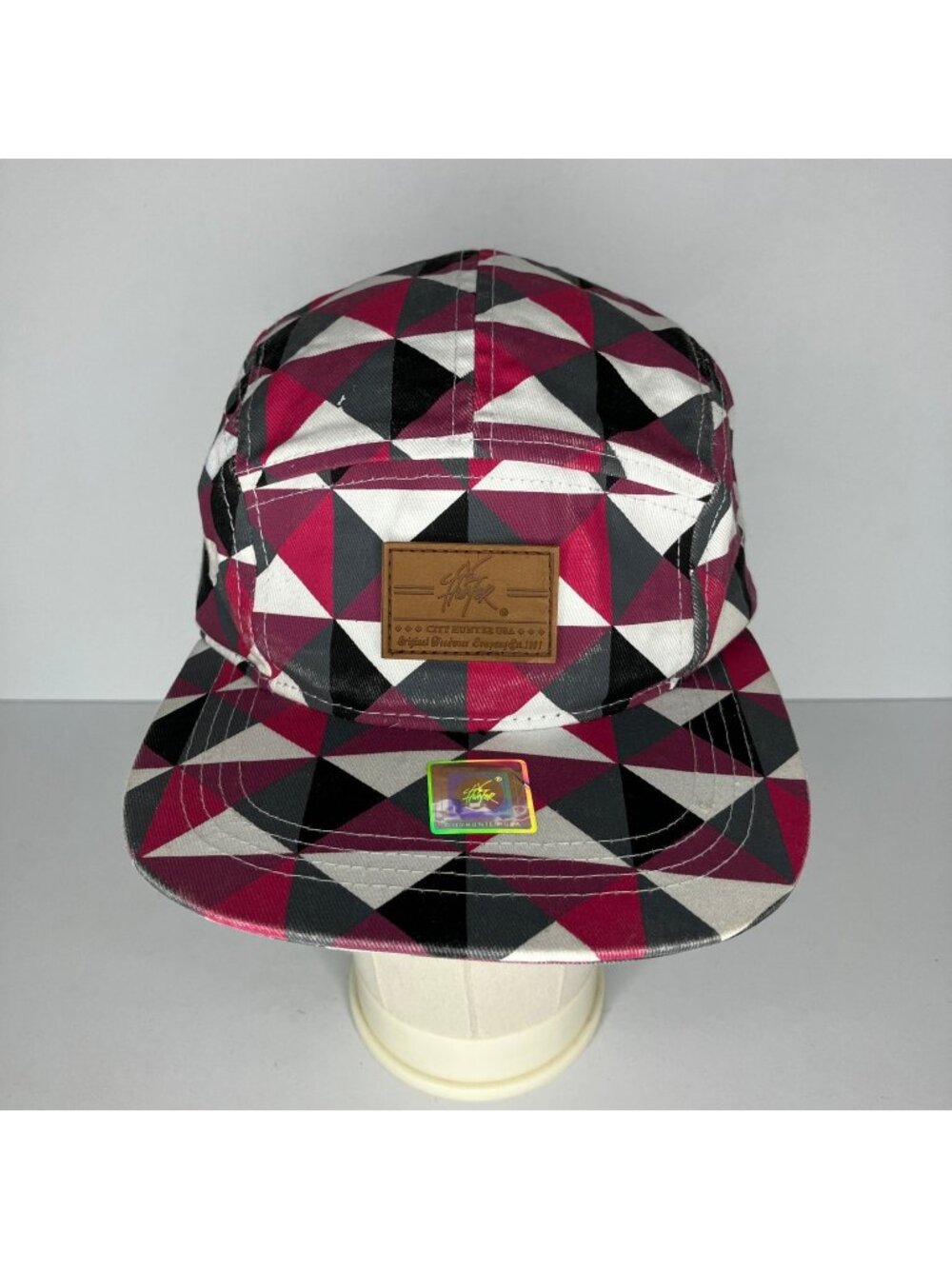 City Hunter 5-Panel Camp Cap Adjustable Geometric Triangle Pink Black Grey White